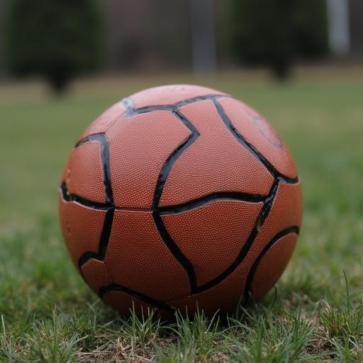 A close-up view of a worn soccer ball resting on green grass. The ball shows visible cracks and signs of wear and tear. The setting is an outdoor field with blurred trees in the background.
