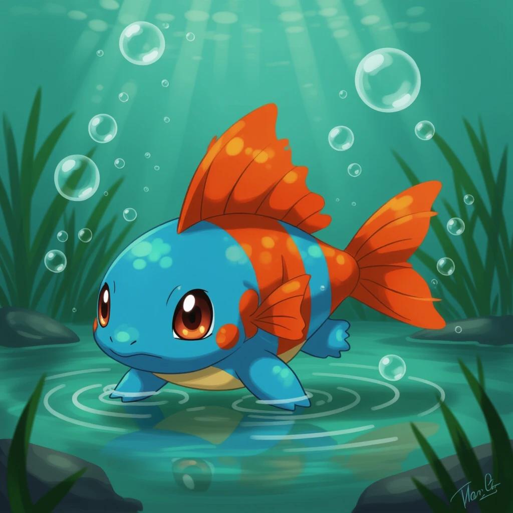 A cartoon Mudkip swims happily in a pond. Bright blue color with orange fins. Bubbles rise around. Green grass and rocks are visible. Background is teal and soft.