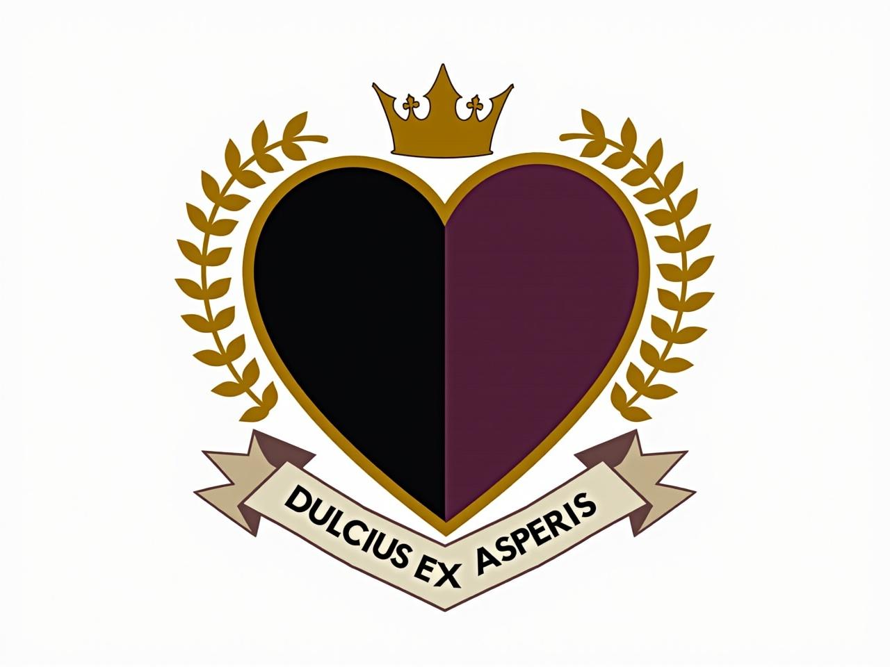 Edit the existing design without altering its overall structure. Transform the left-half of the heart-shaped shield to a black charge. Change the right-half to a dark-purple charge, maintaining the original shapes. Alter the color of the vines to a rich gold hue. Change the coronet at the top to a golden color as well. Lastly, ensure the ribbon below retains the motto "Dulcius Ex Asperis" in a clear and visible font.