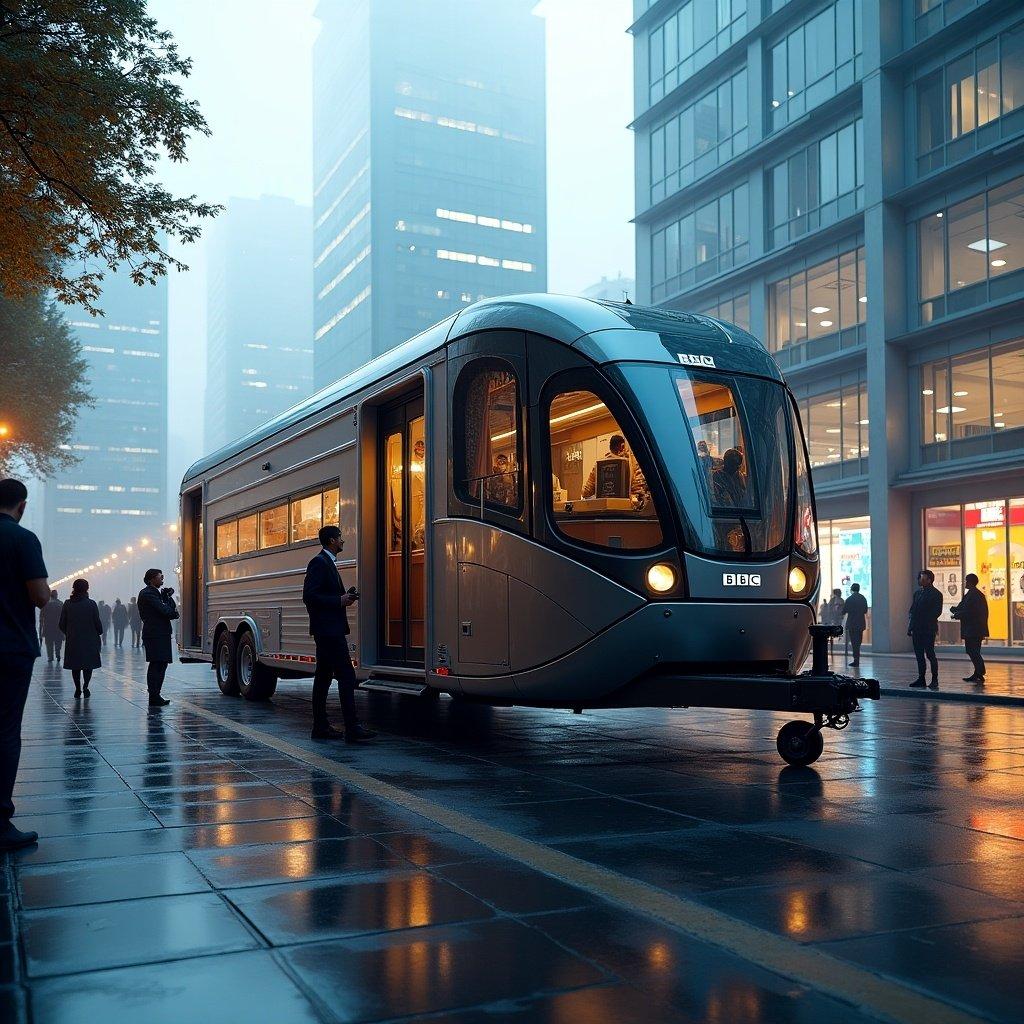 A modern production trailer in an urban setting. Steel construction visible through fog. People interacting around the trailer. Evening time with city buildings in the background.