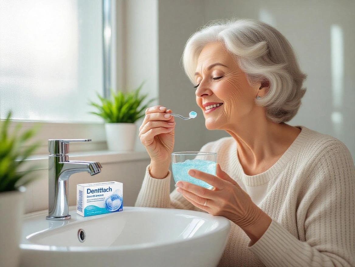 A softly lit modern bathroom with a senior woman placing dentures into a glass of fizzing peppermint-blue soak next to a clean white sink. The Denttach packaging is visible. The atmosphere is calm and hygienic with morning sunlight filtering through a frosted window.