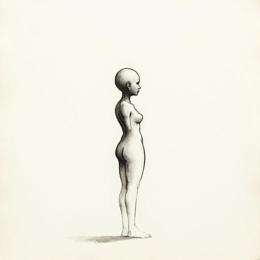 Clean human figure with smooth featureless head and natural body shape. The figure is floating in space. The artwork is a monochrome minimalist sketch with delicate ink lines on textured paper. The mood is serene and inspired by traditional Asian brushwork.