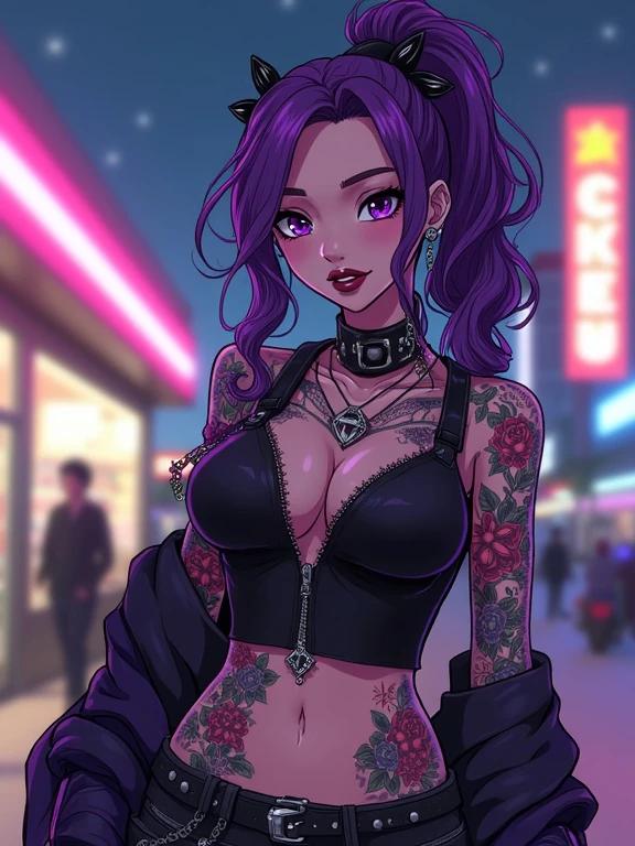 Anime style illustration of a 24-year-old woman outdoors at night. She has amethyst purple hair styled in curly pigtails. A muscular and attractive figure with floral tattoos and a bold outfit. Holding a black hole weapon. Surrounded by biker gang members in a vibrant city with neon lights. Features traditional tattoo art and edgy streetwear.