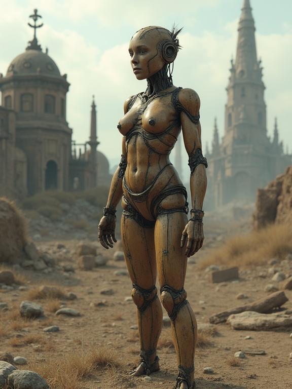A wooden humanoid female figure in a post-apocalyptic background. The figure is weathered and stands in a desolate landscape surrounded by ruins. Rendered as detailed 3D art.