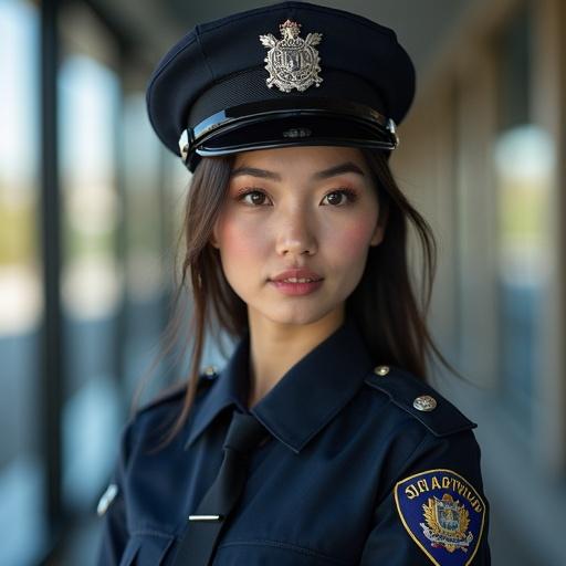 Portrait of a beautiful policewoman in uniform. She is Asian with long hair. The setting has soft lighting and a neutral background. The focus is on her friendly expression and professional attire.
