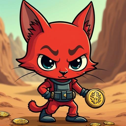 Meme coin cartoon theme featuring an athletic red cat with a serious face wearing dark shades while digging for gold in a desert background.