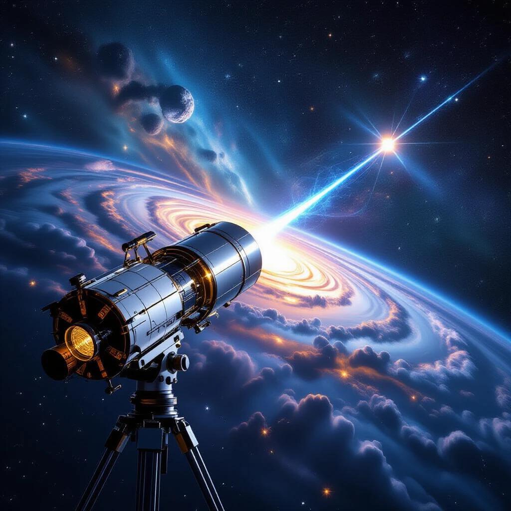 Space telescope with quantum technology. Telescope points towards the cosmos. Galaxies and stars in the background. Dramatic colors and lighting. Imagery of deep space and exploration.