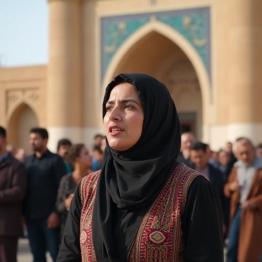 Modest Iranian woman wears traditional Islamic hijab. She speaks to a gathered crowd in Mir Chakhmaq square. Natural daylight creates an authentic atmosphere. Background features iconic façade of Mir Chakhmaq. Vertical story format.