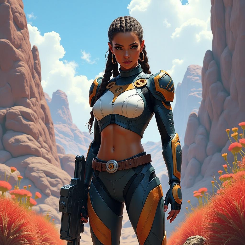 Futuristic female character in a desert-like landscape. She wears sleek, armored attire and holds a weapon. The background features a rocky terrain with vibrant flora.