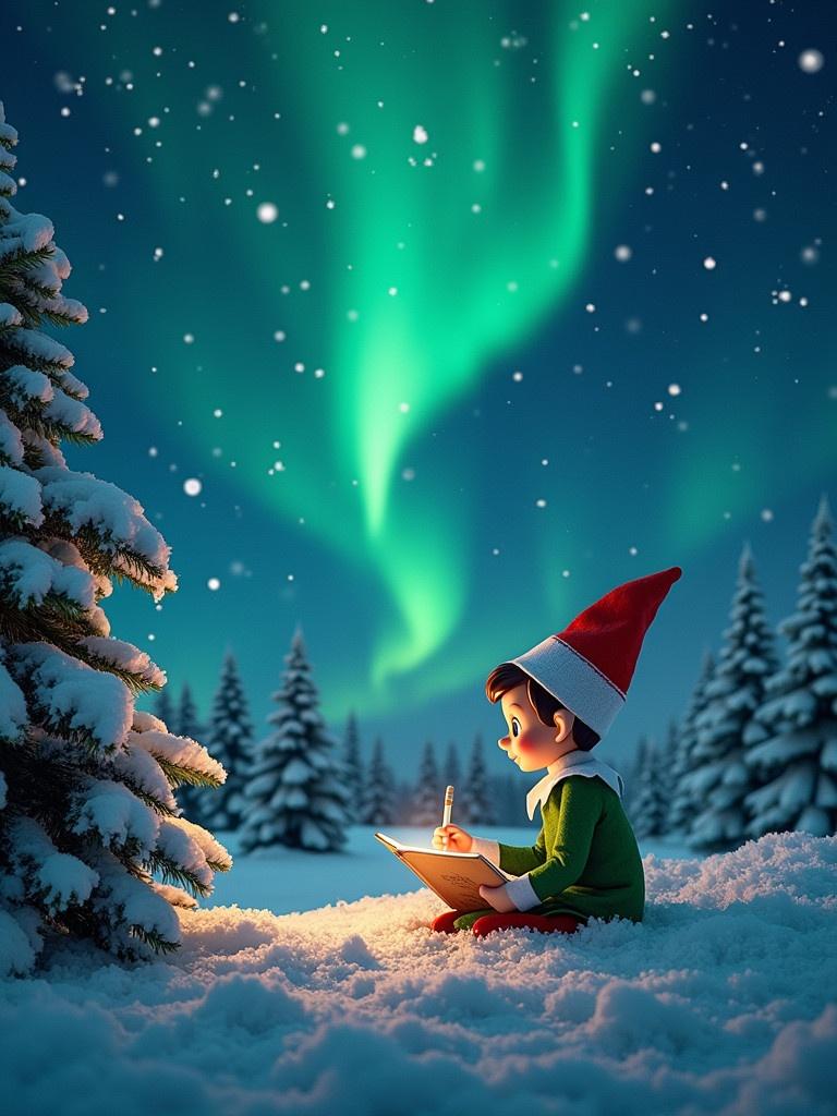 Child elf writing by a snowy tree during a magical night. Northern lights illuminate the sky. A whimsical and enchanting winter scene unfolds.