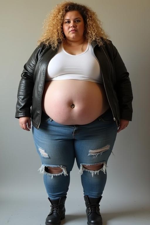 Raw photo of a woman with curly blonde hair. She is morbidly obese with a large belly and wide hips. She wears a leather jacket, a white t-shirt, ripped jeans, and leather boots. The photo is taken from a straight-on angle.