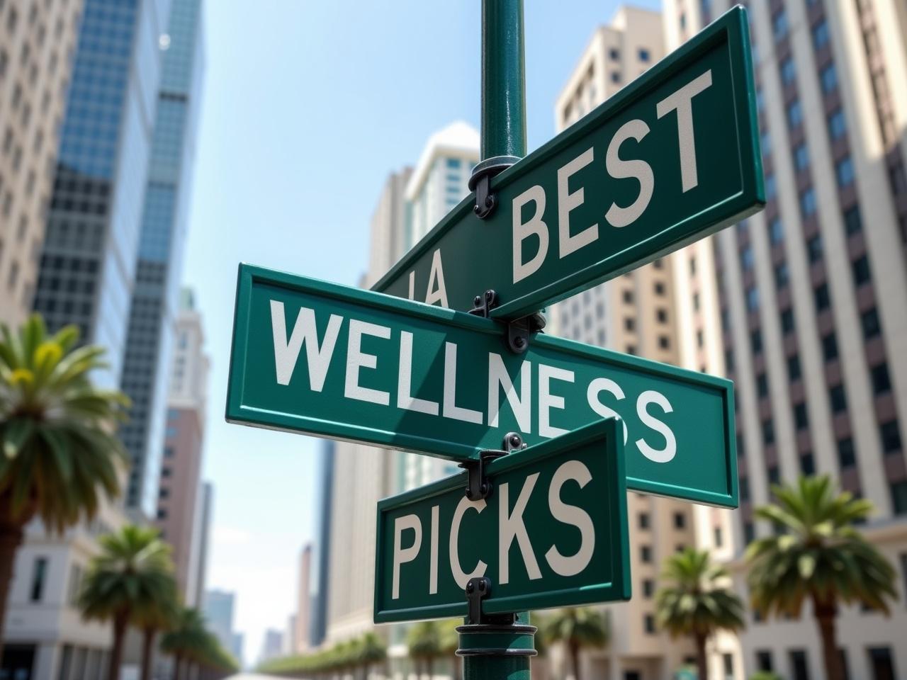 Intersection of street signs labeled 'Best', 'Wellness', 'Picks' in a modern urban environment, surrounded by palm trees and tall buildings, under a clear sky.