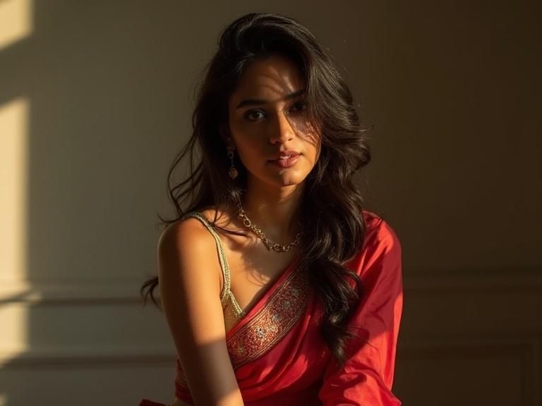 Portrait of an elegant girl wearing a red saree in soft natural light. She has long hair and is adorned with delicate jewelry.