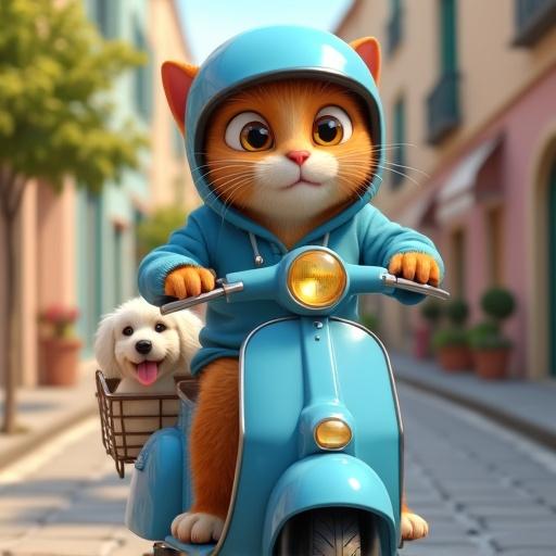 Highly detailed whimsical 3D illustration of a chubby orange tabby cat in a blue hoodie riding a vintage blue scooter. Fluffy white dog in front basket. Charming European street, pastel buildings, soft lighting, shallow depth of field. Pixar-style photorealistic render.