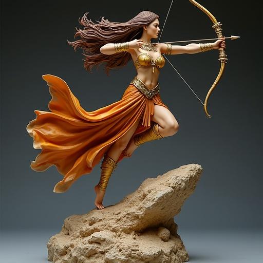 Resin statue of a goddess inspired by Sagittarius. She has a stylized muscular body. Wearing orange Egyptian-style armor with mystical details. In a dynamic pose, launching an arrow. Expression fierce, wild, determined. Long loose brown hair flows in the wind. Ethereal mystical armor combines gold and dark leather. Base is a floating rock with a cosmic background.