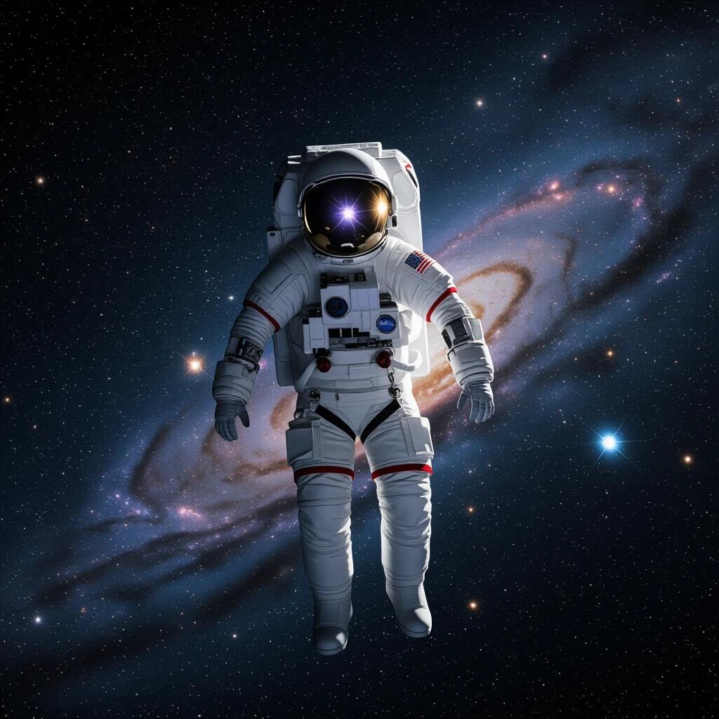 Image shows an astronaut in a spacesuit floating in the cosmos. Astronaut wears a white space suit, helmet reflects starlight. Background features a deep space setting with stars and a galaxy, creating a tranquil, mysterious feeling. Astronaut appears to float freely, evoking a sense of exploring the unknown universe. Overall image radiates a futuristic and adventurous spirit, inviting exploration of cosmic mysteries.