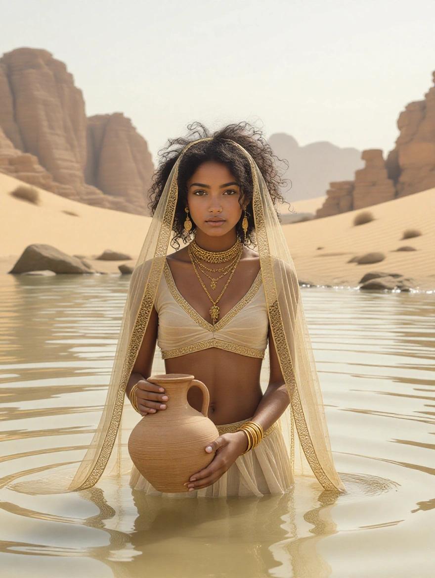 Documentary photography of a young girl in a desert oasis holding a clay amphora. She wears beige tulle with gold trim. Gold jewelry adorns her. The background features ancient ruins and white Bedouin tents.