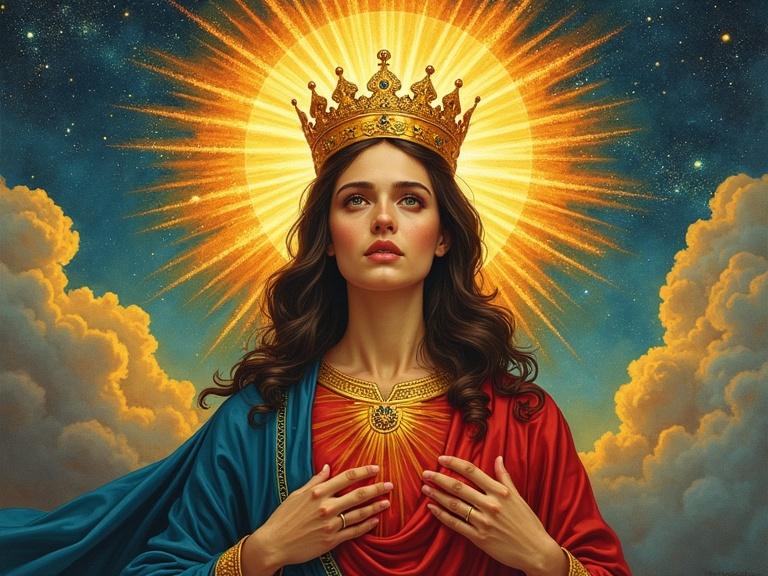An artistic representation of a religious icon. Features an uncommon saint. Portrayed heroically in a photographic style. Combines collage with storybook illustration. Includes folk art elements. The figure is a person of color. Surrounded by a golden halo. Wearing a starlit crown. Emphasizes the divine light within.