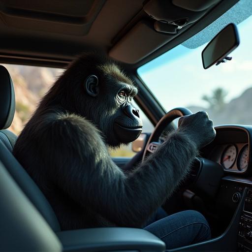 A gorilla sits in the driver's seat gripping the steering wheel of a WRX. The interior is well detailed. Bright natural light comes from the window. The gorilla has a determined expression. Its fur looks realistic. The scene captures a playful and humorous vibe.