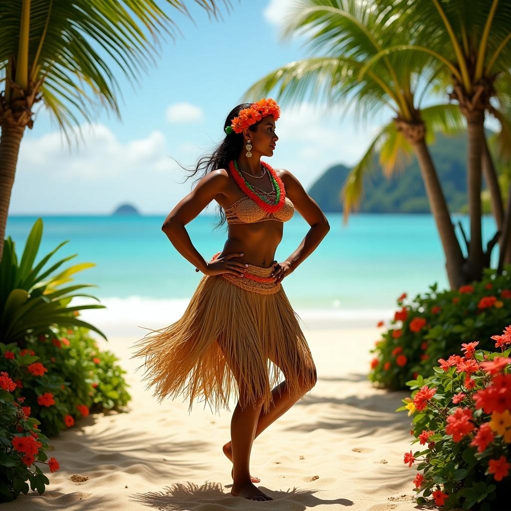 A traditional Polynesian dancer stands gracefully on a tropical beach. She is dressed in a vibrant traditional attire that includes a grass skirt and colorful accessories. The background features lush palm trees and beach flowers, creating a serene island atmosphere. The ocean is a stunning turquoise, enhancing the tropical vibe. Sunlight casts a warm glow, highlighting the dancer's movements and expression as she performs. This scene embodies the essence of Polynesian culture and dance, inviting viewers to experience the beauty of island traditions.