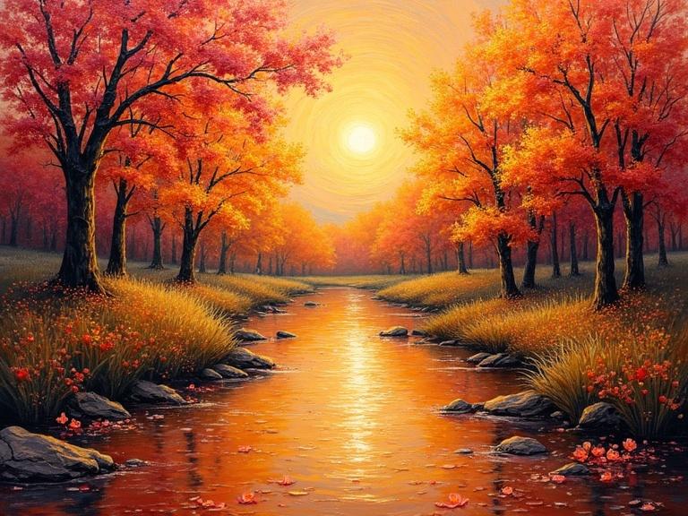 Painting of a river in autumn surrounded by colorful trees and flowers. The sun is shining in a vibrant sky. Thick layers of paint create texture and depth. The scene appears warm and inviting with vivid colors.