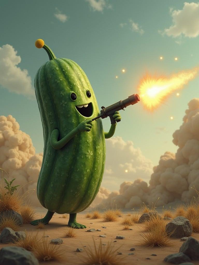 Surreal scene depicting a smiling cucumber wielding a rocket launcher in a sandy setting. The cucumber appears playful and animated. Smoke and clouds surround the background. Bright colors create a whimsical effect.