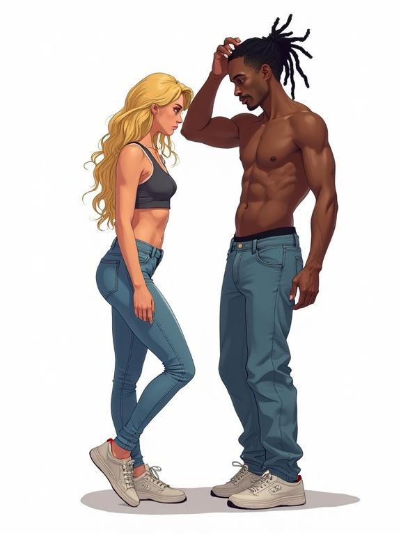 Full body portrait of a blonde teen girl in a crop top and skintight jeans standing close to a muscular black man with dreads. He stands in jeans with his hand over his head. Characters are illustrated in a comic book style on a white background.