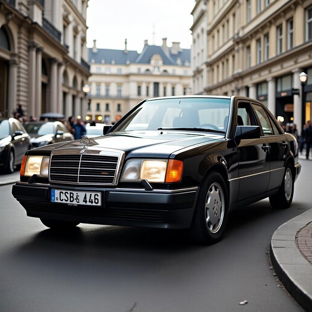 Black Mercedes Benz W124 parked on a city street. Elegant design with classic features. Vintage model with prominent headlights and stylish body.