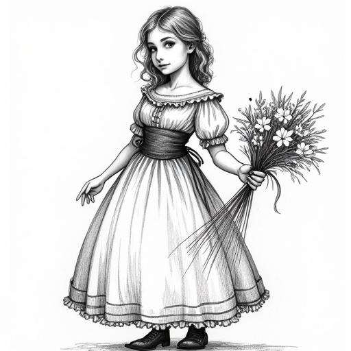 Simple line art image featuring a young girl in a dress holding a bouquet of flowers, created with thick black lines, in black and white with no shadows.