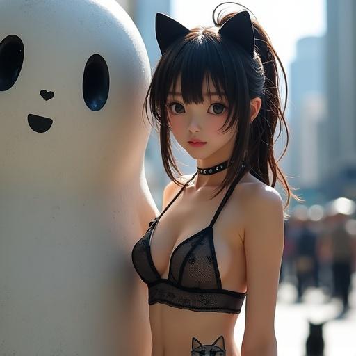 An attractive Japanese woman with black cat ear headband stands in sheer lingerie near a ghost sculpture. Soft ponytail and big eyes stand out. Natural light enhances the scene. A black cat hides in the background.