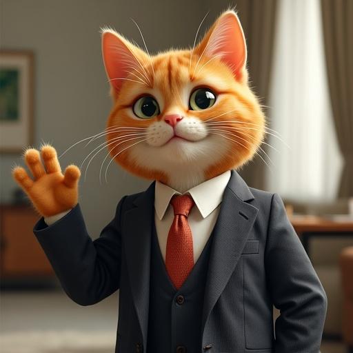 A semi-realistic cat wearing a suit is waving with one paw. The cat has a friendly smile and perked ears.