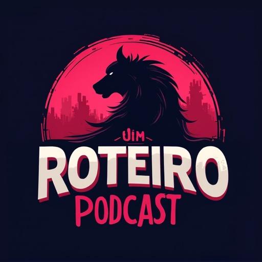 Logo design for a podcast named Fora do Roteiro. Features neon purple colors. Emphasis on the name and includes realistic elements.