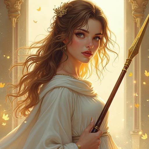 Generate an image of a girl holding a spear wearing a white robe. Give her brown hair with blonde tips. Add a golden tattoo on her leg. Hair is over her shoulders. Portray her elegantly, resembling a queen. Include dark makeup, wavy hair and red lipstick. Enhance golden colors and add ethereal elements in the background.
