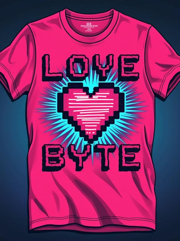 A vibrant neon pink t-shirt featuring a pixelated heart graphic at the center. The heart has a glitch effect surrounded by the words Love Byte in a chunky retro font.