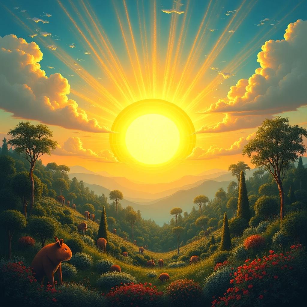 Sun rises in a vibrant landscape filled with flowers and animals. Bright golden rays illuminate the scene.