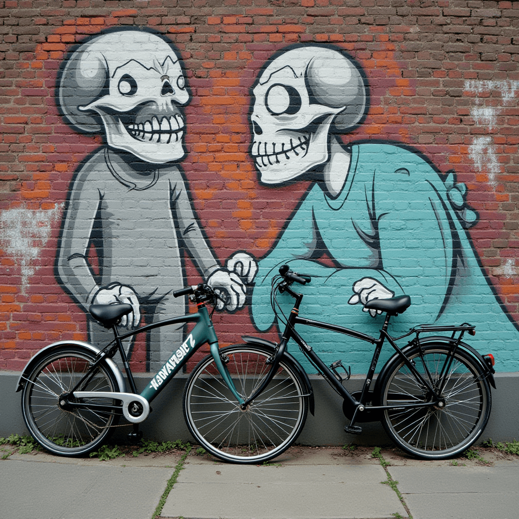 Two bicycles are parked in front of a mural featuring two cartoon skeletons dressed in clothes and facing each other.