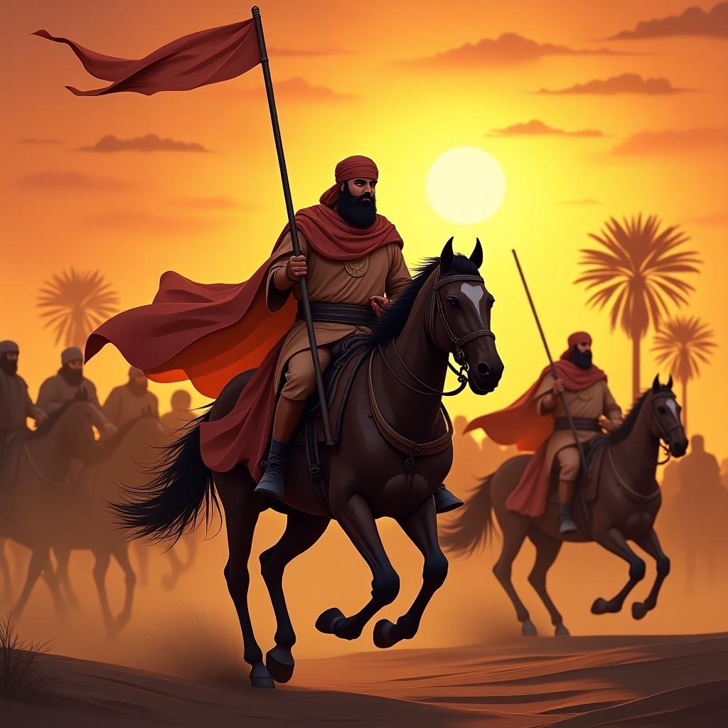 A heroic figure on horseback in historical attire holds a flag. The scene is set against a vibrant sunset with silhouettes of palm trees. The sky features warm orange and yellow hues. Other riders in the background add to the dramatic effect.