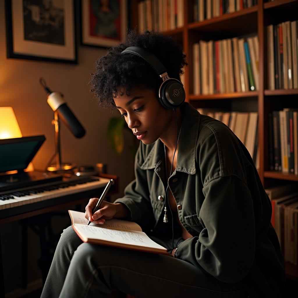 Young woman engaged in writing while listening to music. Cozy room setting with books and a piano. Casual attire with headphones. Focused expression on paper notebook. Warm ambient lighting enhances atmosphere.