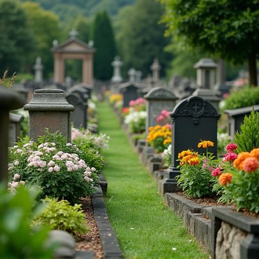 A cemetery setting with well-maintained green areas. The scene features colorful flowers blooming around tombstones. There are paths lined with flowers, creating a serene atmosphere. The composition showcases both flora and memorials beautifully arranged.