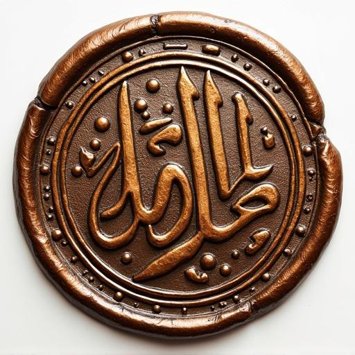 A circular seal resembling classical Islamic scholar seals. The design features intricate calligraphy. The material appears bronze or copper, with a smooth surface and embossed lettering. Visually striking, it represents cultural heritage in Islamic art.