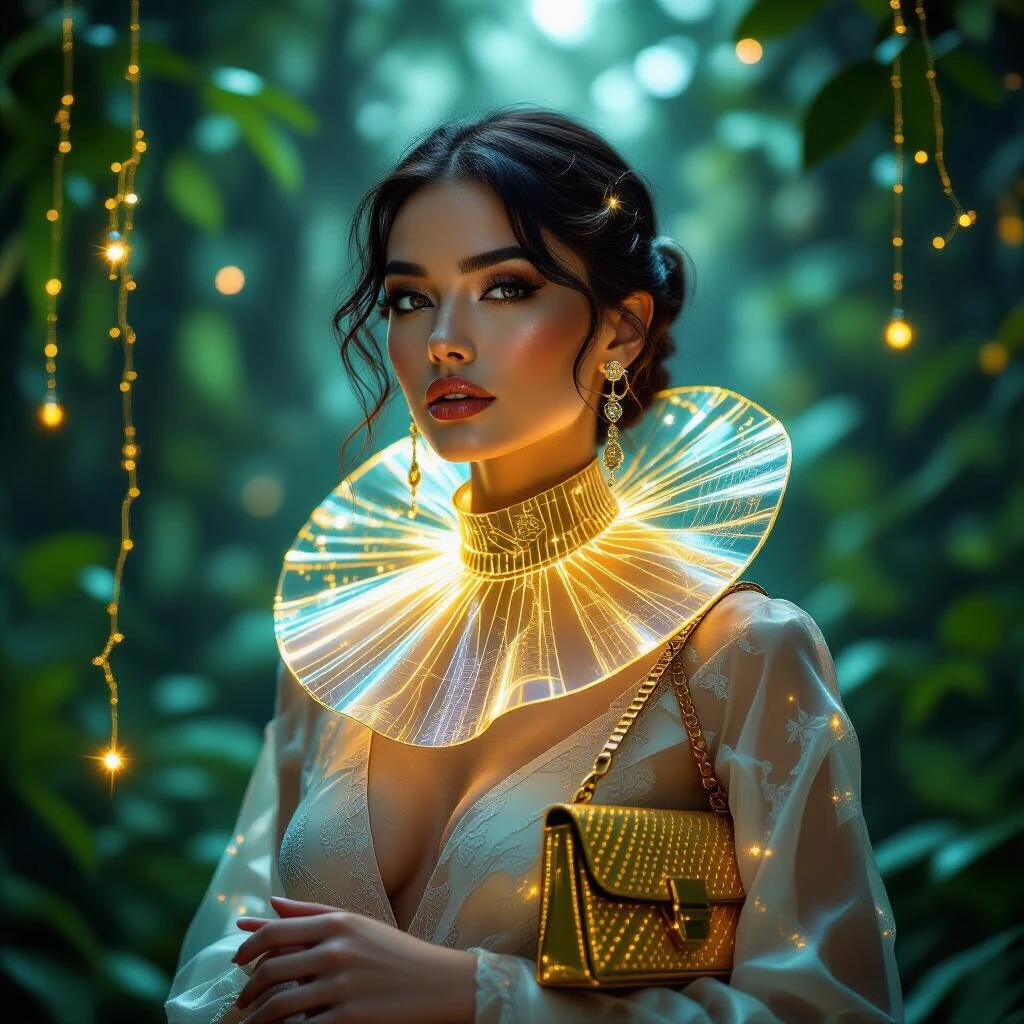 A portrait of a gender-fluid individual around age 35 with a biomorphic collar and elegant handbag. Both accessories are made of holographic materials in shifting gold-amber-blue tones. The collar and bag emit light ripples. Earring pieces float beside them. The setting is a fusion of rainforest and digital dreamscapes with bioluminescent vines and light grids. The feeling is otherworldly sensuality and futuristic craft.