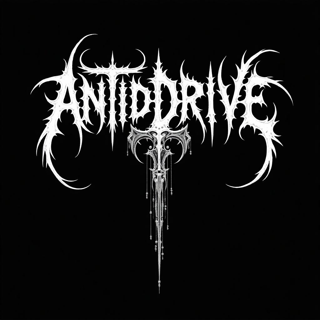 Logo features the word ANTIDDRIVE in a black metal style. The design incorporates sharp, jagged lettering with elaborate details. The color scheme is predominantly black and white with an ominous feel. Intricate patterns and spikes are evident in the typography.