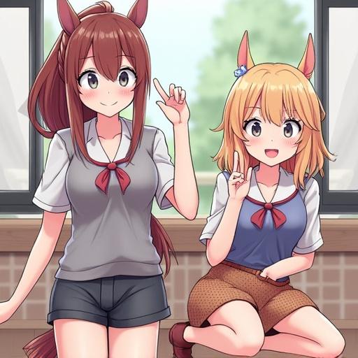 Two young women with horse ears styled in casual clothing, smiling and posing in a bright room with large windows, showing a friendly interaction.
