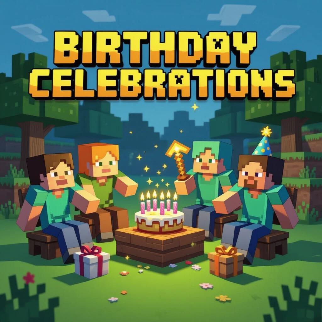 Birthday celebration in Minecraft world featuring characters. Decorations, cake, and gifts. Playful atmosphere with trees in background.