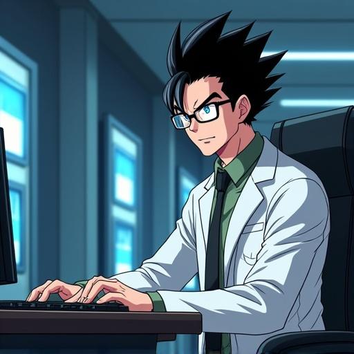 Anime character in a modern laboratory. 2121 setting with futuristic science elements. Character is a 36-year-old male scientist. He has a handsome face, spiky black hair, and black eyes. Busy expression while typing on a computer. Dressed in a lab coat and tie over a dress shirt. Scene emphasizes a sleek, high-tech office environment with a supercomputer. Spring morning ambiance in Tokyo. Character shows athletic build and wears reading glasses.
