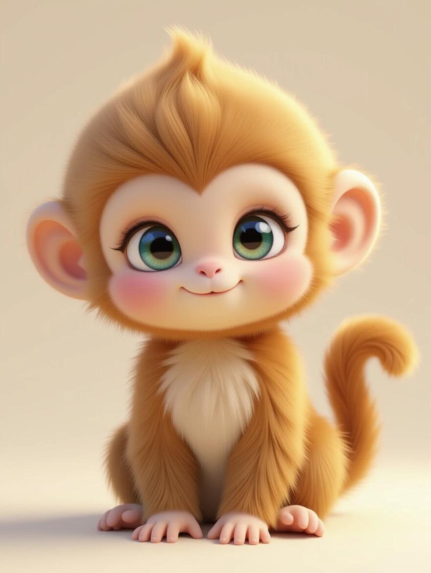 A round-faced baby monkey with golden fluffy short hair and large anime-style eyes. Features a miniature delicate nose and subsurface scattering skin. Designed in Pixar style with high-quality 8K resolution rendering and three-point studio lighting.