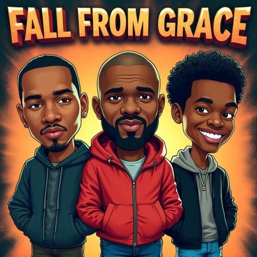 Album cover featuring cartoon caricatures of three male figures. Title in a cool 3D font stating 'Fall from Grace'. Characters display unique features and clothing. Bright and colorful background enhances the overall design.