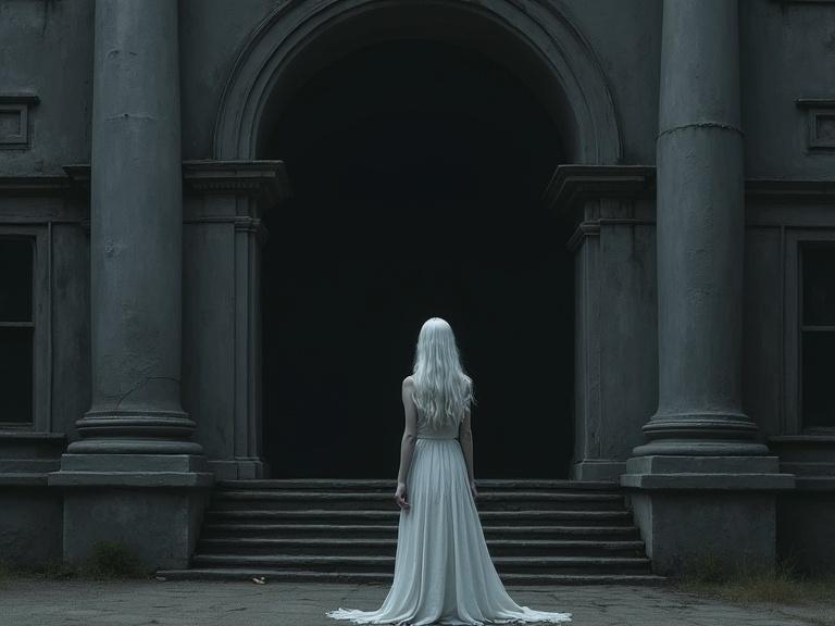 A woman in a long white dress stands before a dark, vintage building. The scene is eerie and evokes fear. The setting is dimly lit with a sense of horror.