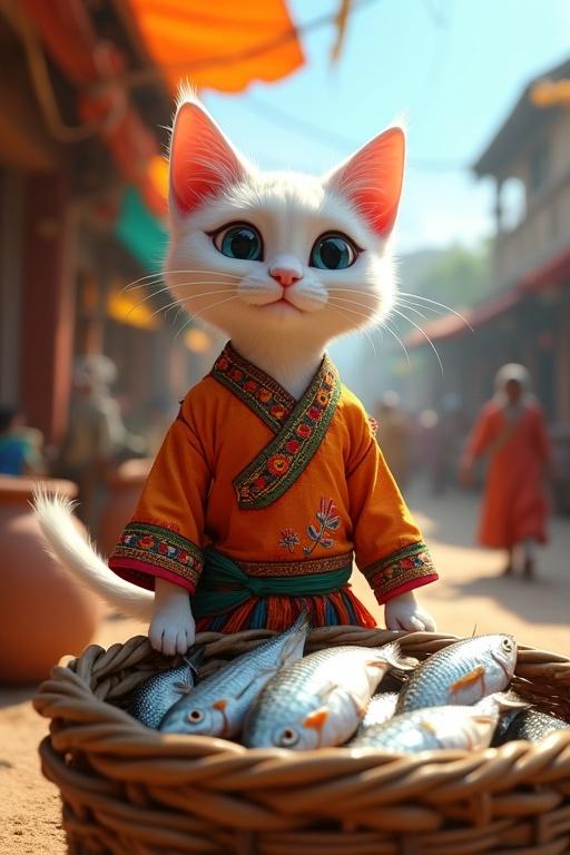 A vibrant cinematic scene in a bustling village market. A white Chinese cat stands on two legs wearing a colorful Bengali kurta and dhoti. The cat is at a wooden stall with a basket of shimmering fish. The setting has colorful stalls and villagers in traditional attire. Bright oranges blues and yellows dominate the scene with textures on the cat's fur and surroundings.
