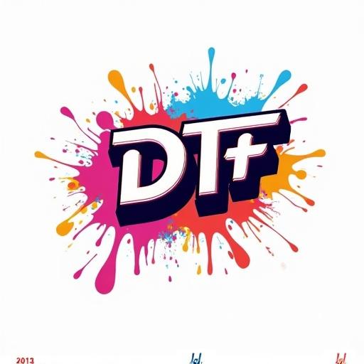 Vibrant print design for a white t-shirt featuring bold text 'DTF ПЕЧАТЬ'. Use high-contrast saturated colors with dynamic abstract shapes and splatter effects. Text has a striking style suitable for DTF transfer.